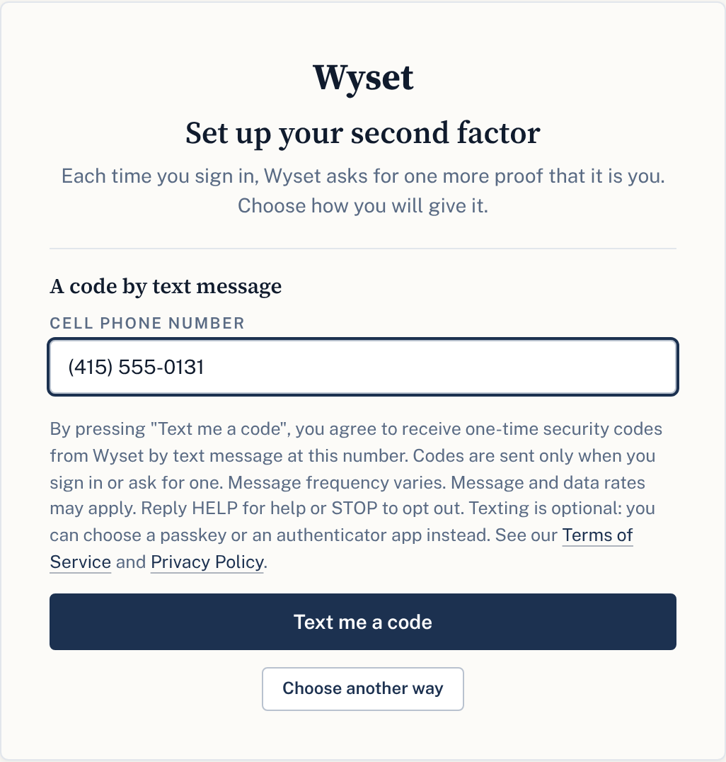 The text message choice: a cell phone number field, the consent words, and the Text me a code button