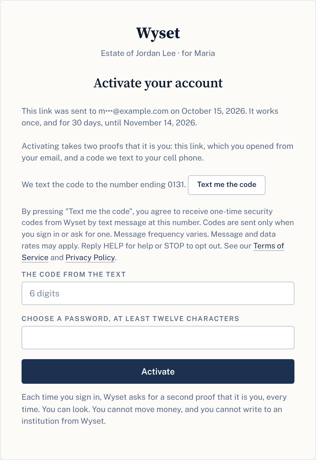 Wyset's Activate your account screen with the Text me the code button and the consent words below it
